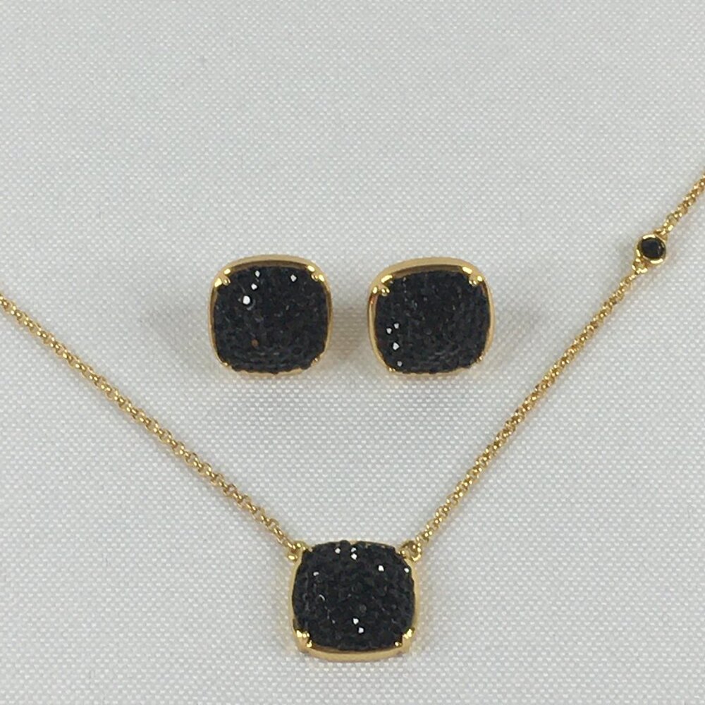 Kate Spade Clay Pave Small Square Pendant Necklace & Earrings Sparkly Black Gold